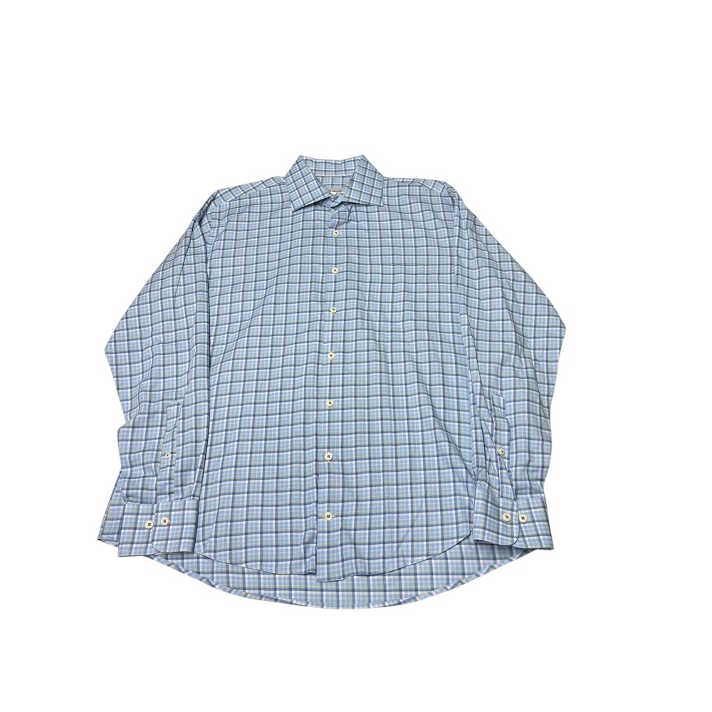Peter Millar Mens Large Blue Green Plaid Cotton Tencel Spandex Button Down Shirt